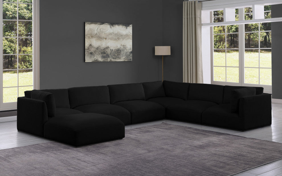Ease Polyester Upholstered U-Shaped Modular Sectional, Black, 6 Piece: 3 Corner, 3 Armless, 1 Ottoman