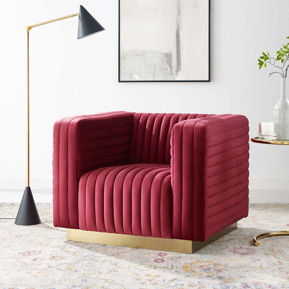 Tufted Armchair Accent Chair, Velvet, Red, Modern, Living Lounge Hospitality