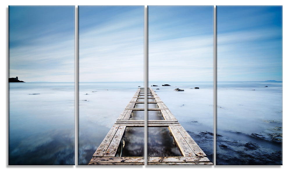 "Wooden Jetty in Morning Blue Sea" Landscape Wall Art Print, 4 Panels, 48"x28"