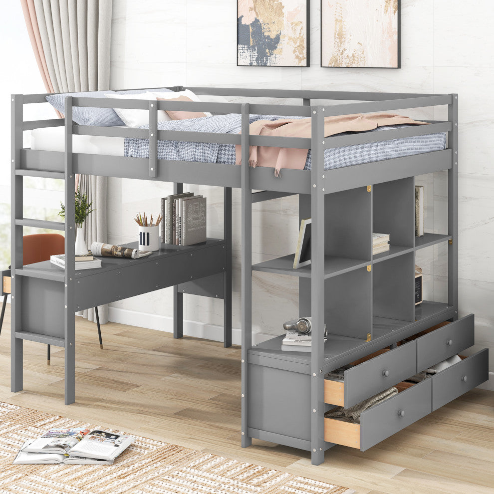 Gewnee Full Size Loft Bed with Built-in Desk with Two Drawers in Gray