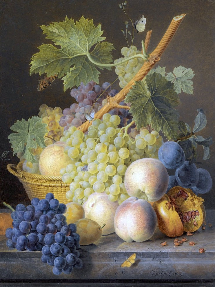 Grapes Peaches Fruit Basket J. Dael Tile Mural Wall Backsplash, 6"x8", Matte