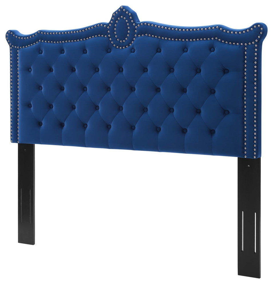 Tufted Headboard, Nailhead, Twin Size, Blue Navy, Velvet, Modern, Guest Suite