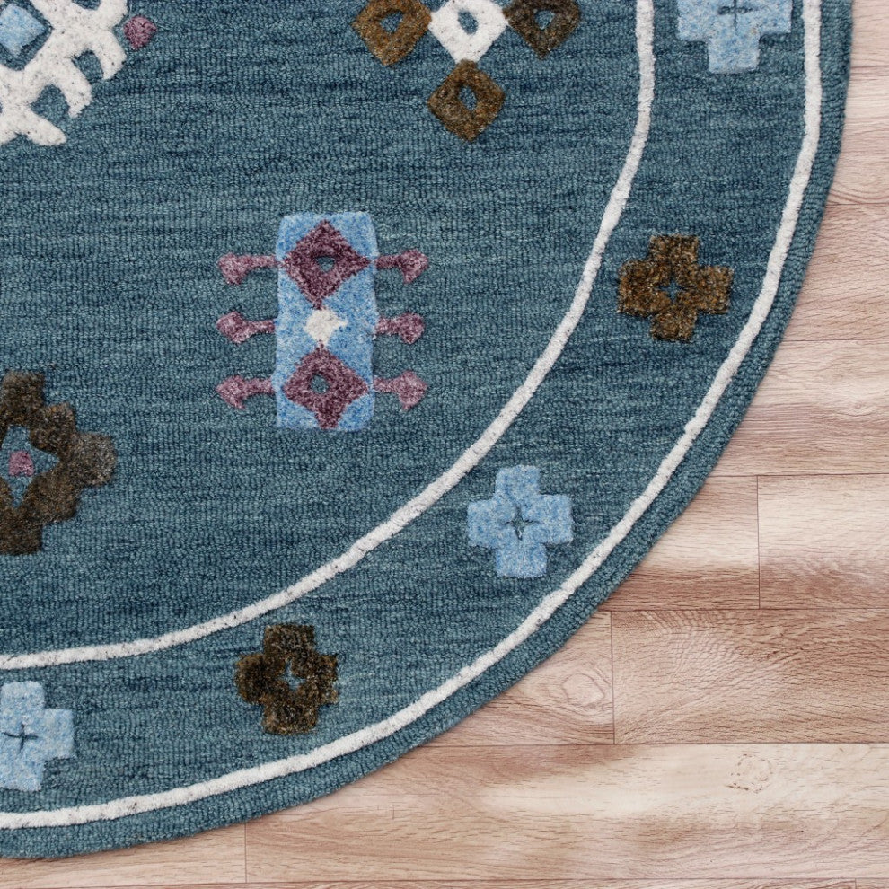 7" Round Blue Bordered Motif Area Rug