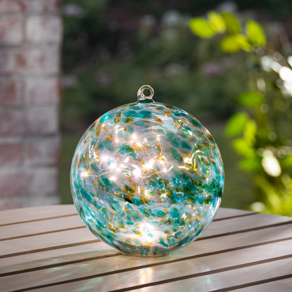 8" Solar Lighted Turquoise Handblown Glass Sphere