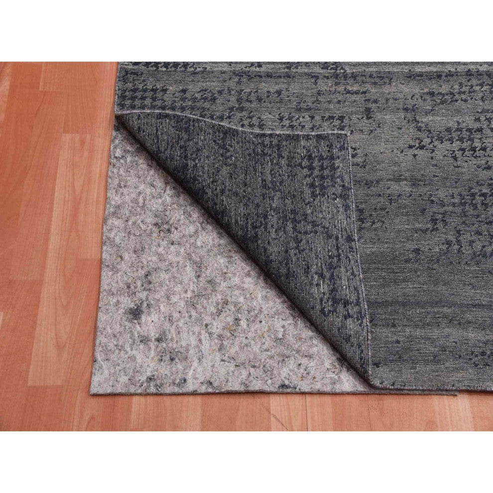 Black and Gray Modern Design Zero Pile Pure Silk Hand Knotted Rug, 8'0"x10'1"