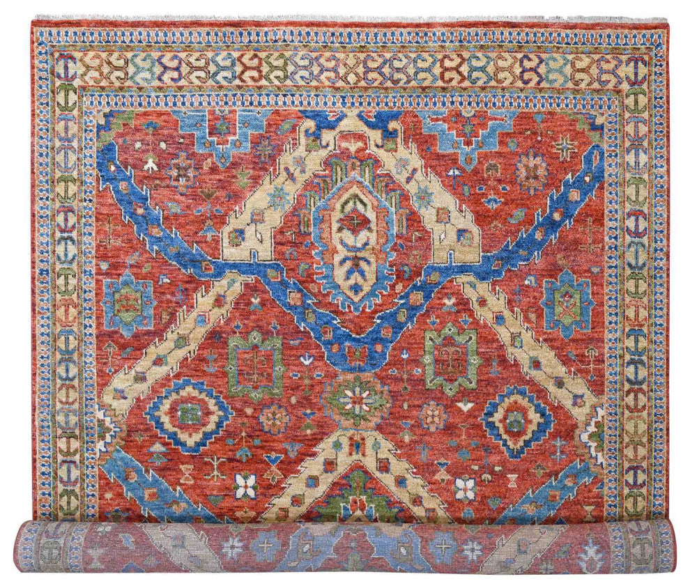 Red Heriz With All Over Design Soft Wool Hand Knotted Oversized Rug, 12'x14'10"