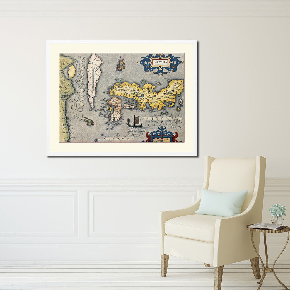 Japan Old Map Print On Canvas With Picture Frame Art Collection 16" X 21"