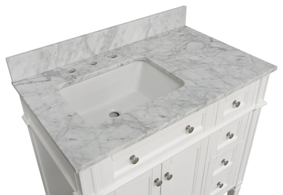 Hailey 36" Bathroom Vanity, White, Carrara Marble
