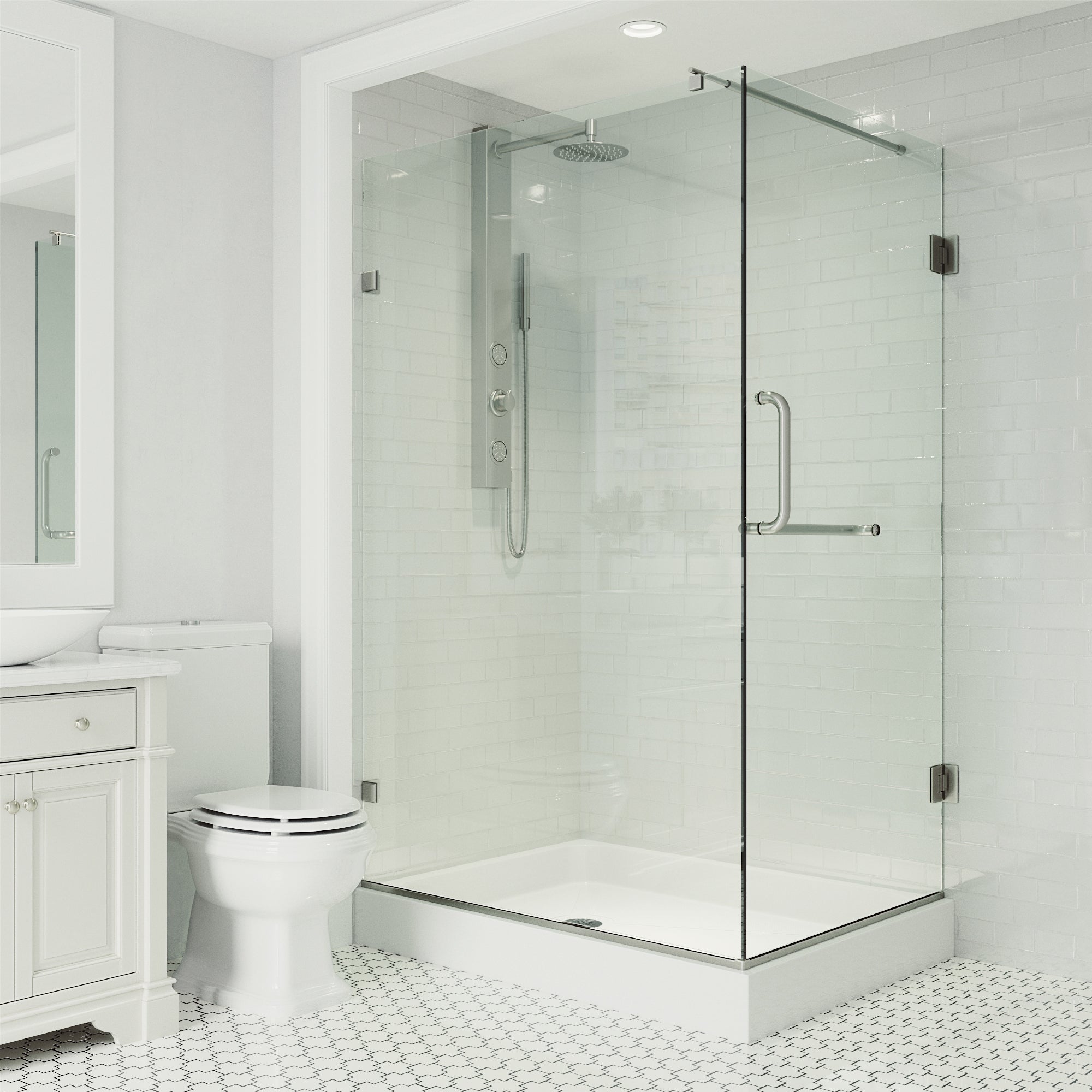 VIGO Pacifica 48"D x 36"W x 79"H Frameless Hinged Shower Enclosure, Brushed Nickel, Left Base