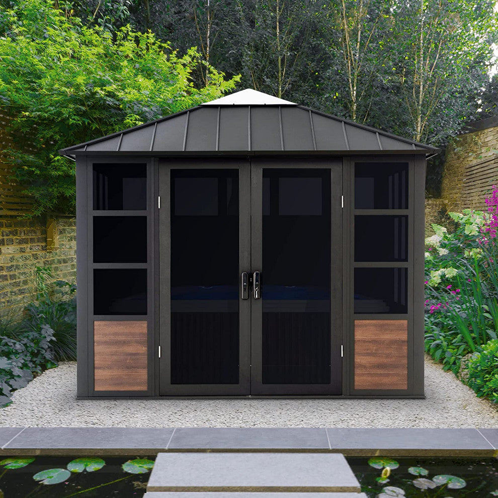 Sunjoy Outdoor Sunroom 11 ft. x 11 ft. Black Hardtop Gazebo/Hot Tub Shelter