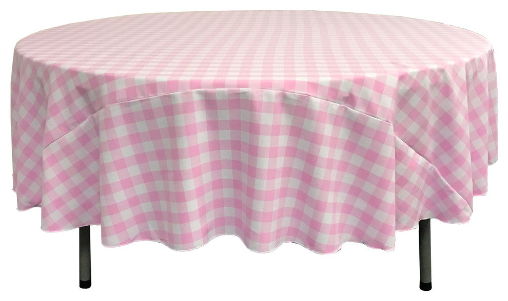 LA Linen Round Gingham Checkered Tablecloth, White and Pink, 90" Round