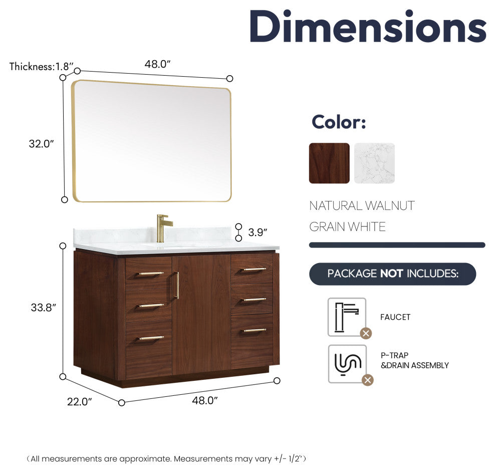San Bath Vanity with Stone Top, Natural Walnut, 48", Single Vanity, With Mirror