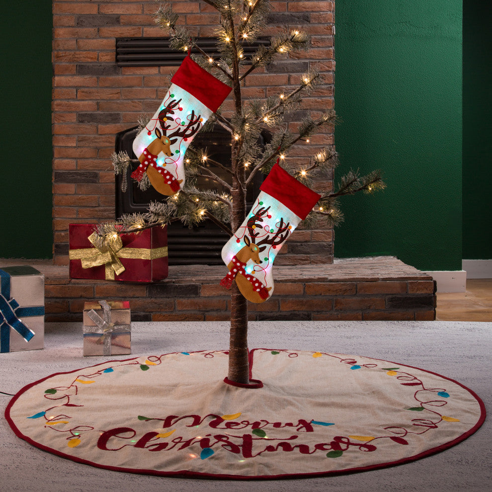 Set of 3 LED Embroidered Linen Christmas Decoration, Stocking and Tree Skirt
