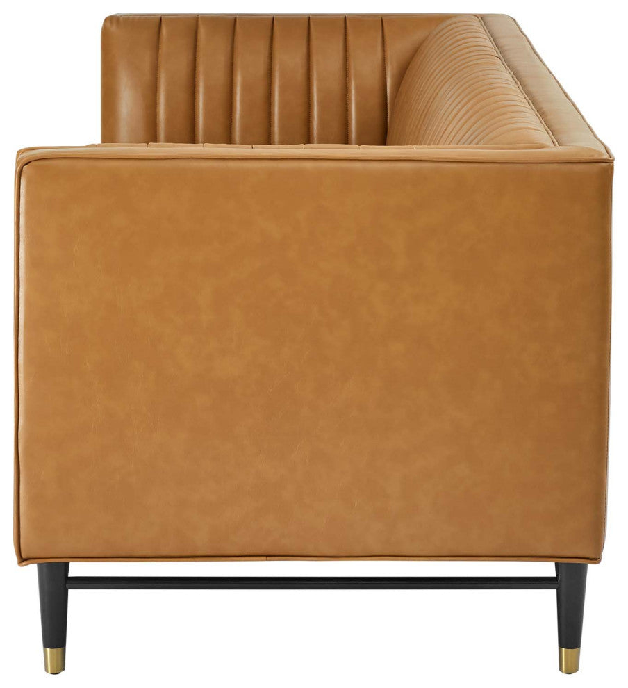 Tufted Sofa, Faux Vegan Leather, Tan, Modern, Living Lounge Hotel Hospitality