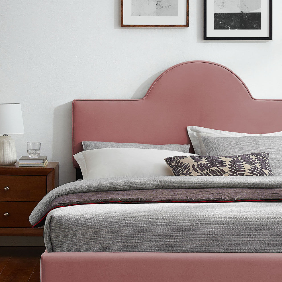 Platform Bed Frame, Queen Size, Pink, Velvet, Modern, Bedroom Guest Suite