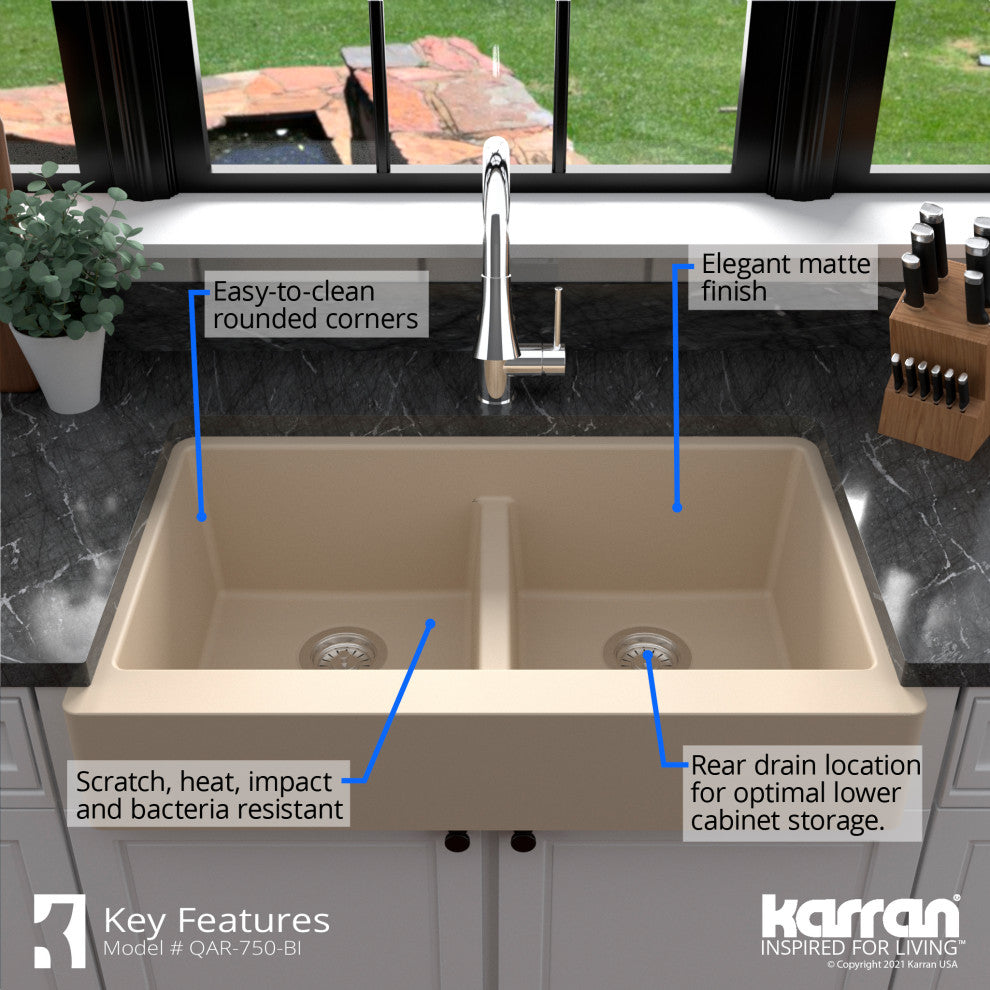 Karran Retrofit Farmhouse Quartz 34" Double Bowl Sink Kit, Bisque