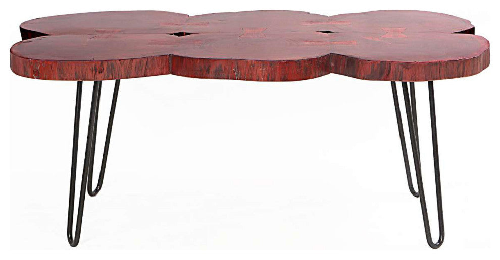 Benzara UPT-266379 Wood Coffee Table, Quatrefoil Top, Iron Hairpin Legs, Black