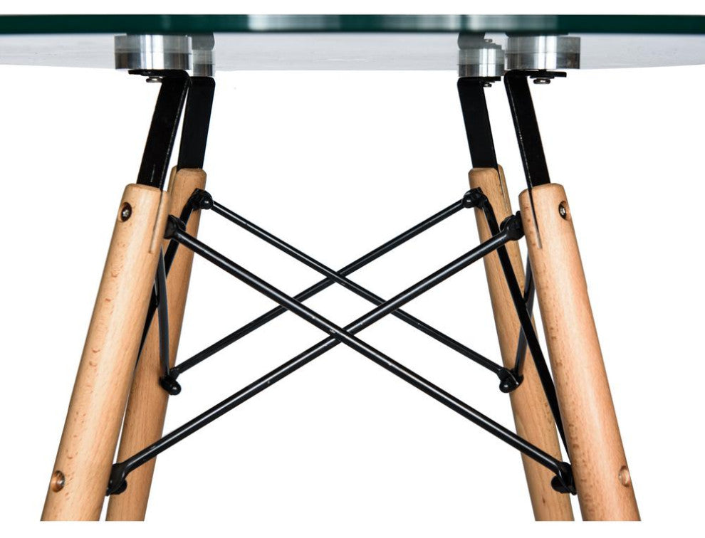Leisuremod Dover Round Glass Top Dining Table With Natural Wood Eiffel Base