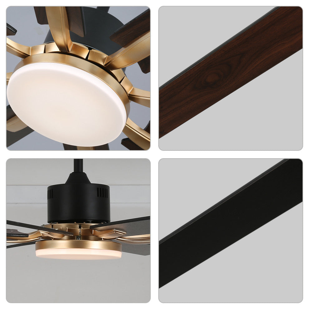Large 72" Modern 8 Wood Blades Ceiling Fan w Dimmable LED Light Kit , Black