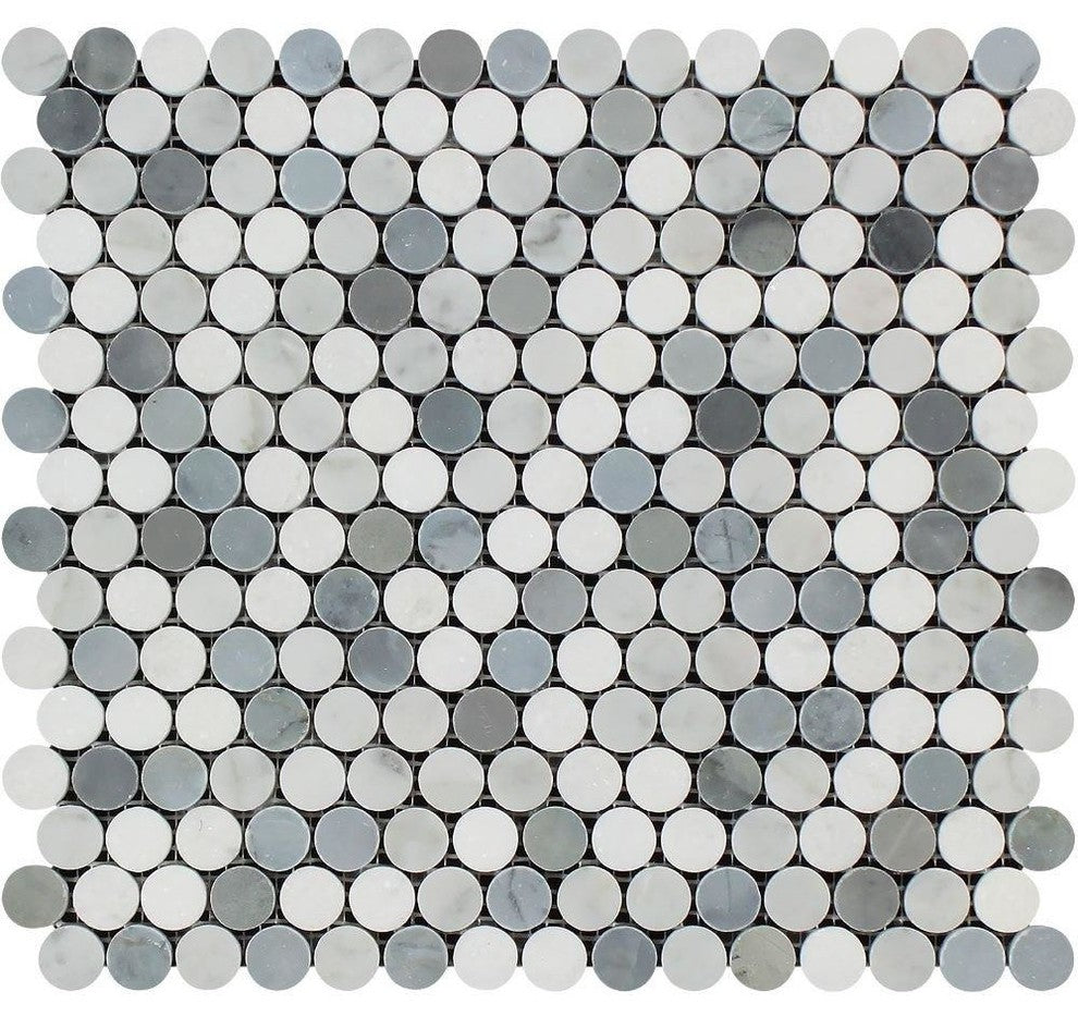 Carrara White Marble Polished Penny Round Mosaic Tile w / Blue Gray Dots