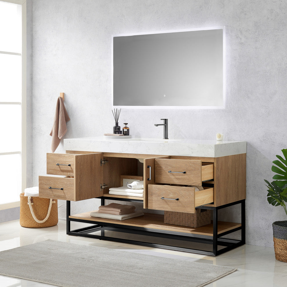 Alistair Vanity, North American Oak, Matte Black Hardware, 60" Single Sink, With Mirror