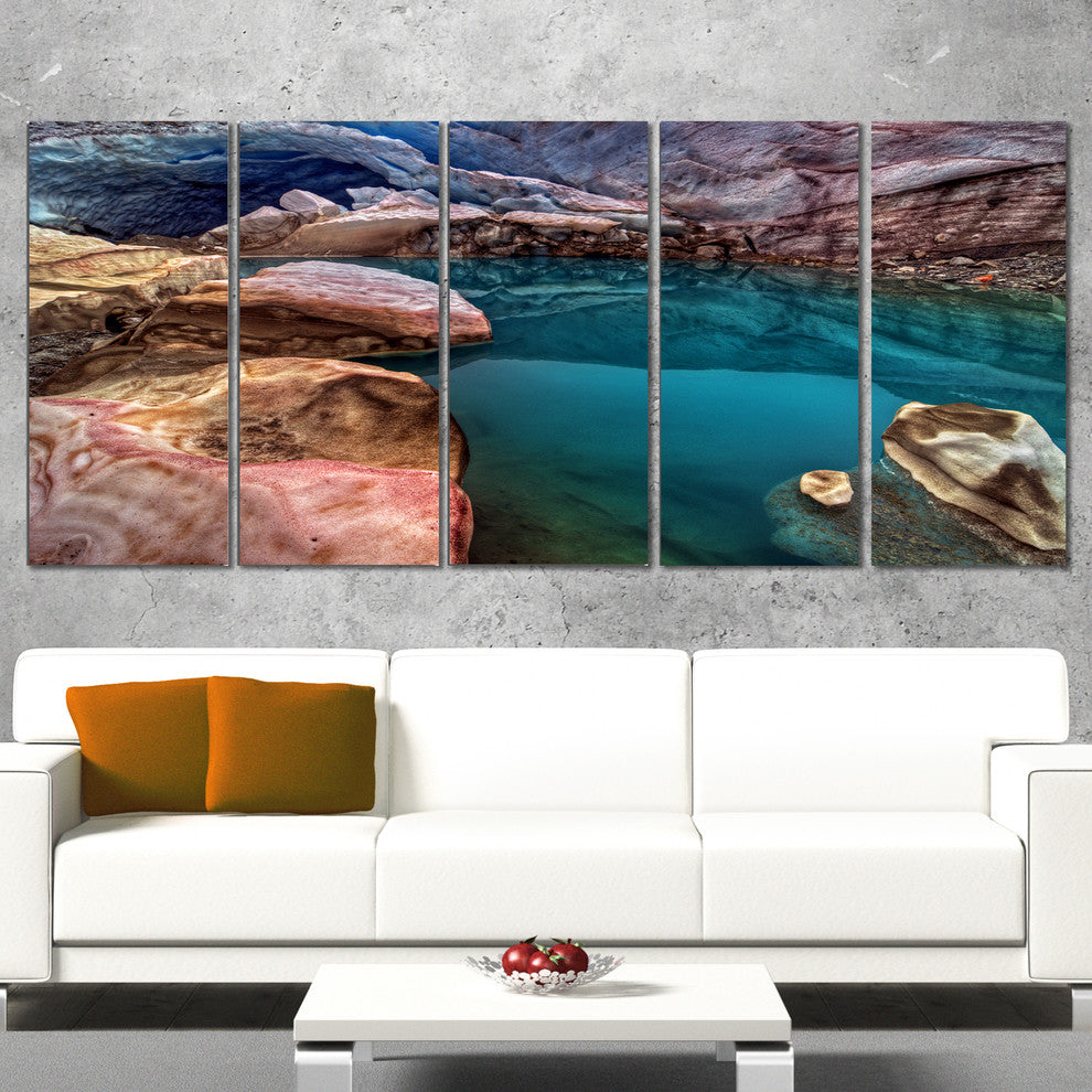 Deep Glacier Cave in Blue, Landscape Canvas Art Print, 60"x28", 5 Panels