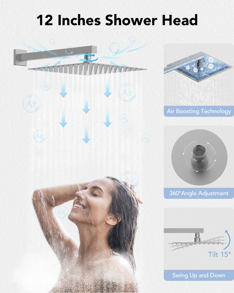 Thermostatic Shower Faucet 12" Rain Shower Head with Handheld Slide Bar System, Brushed Nickel