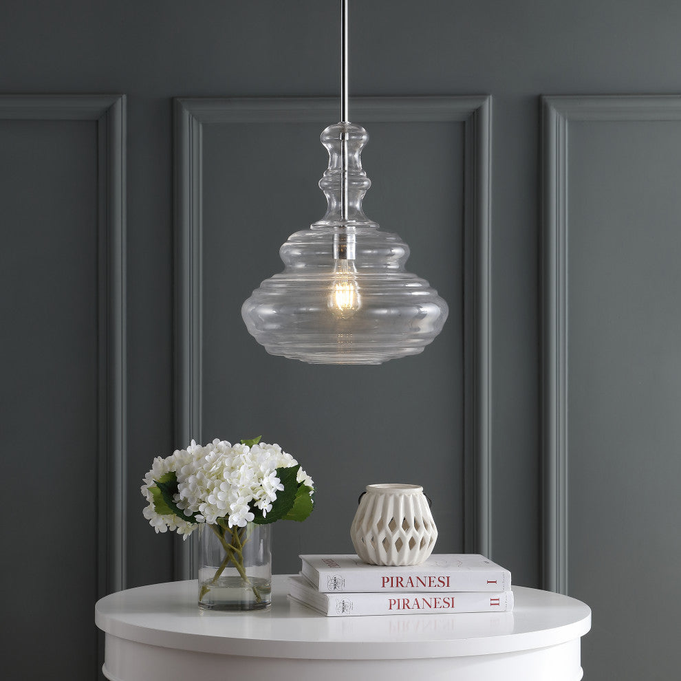 Bettina 13.37" Glass and Metal LED Pendant, Clear, Chrome