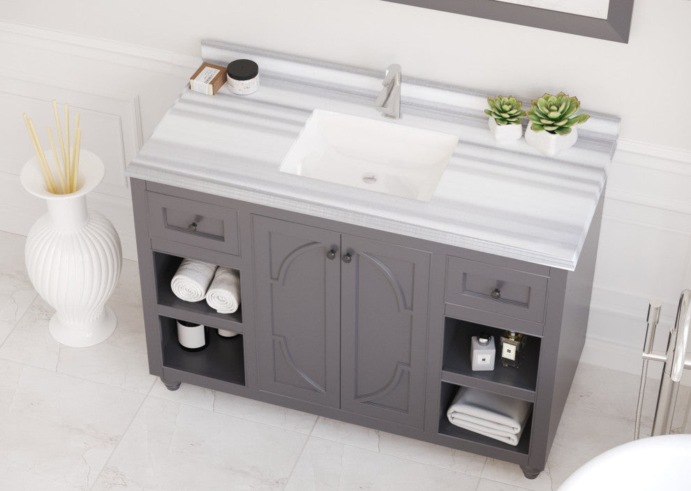 Odyssey, 48, Maple Gray Cabinet With White Stripes Marble Countertop