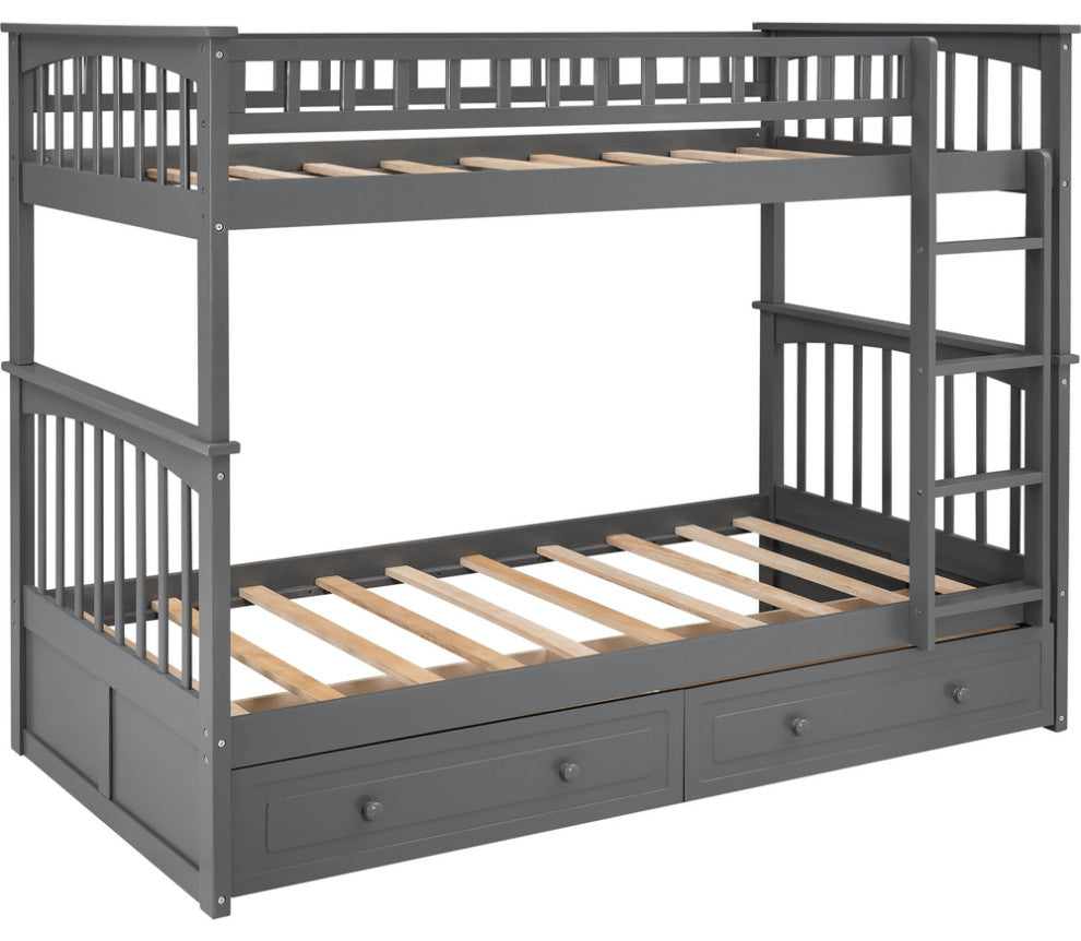 Twin over Twin Bunk Bed Drawers Convertible Beds Gray