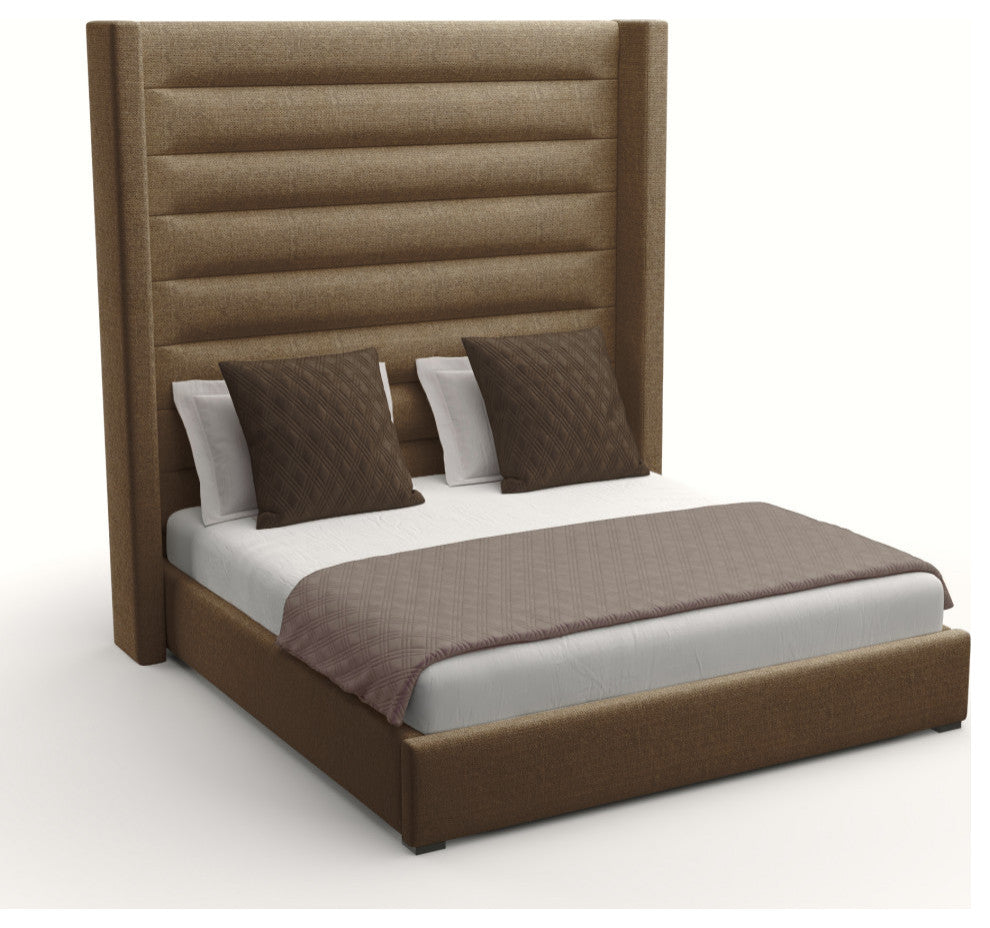 Nativa Interiors Aylet Horizontal Channel Tufted Bed, Brown, King, High Headboard