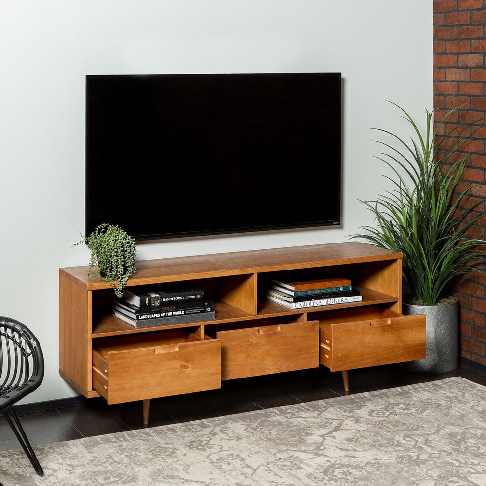 58" 3-Drawer Mid-Century Modern TV Stand, Caramel