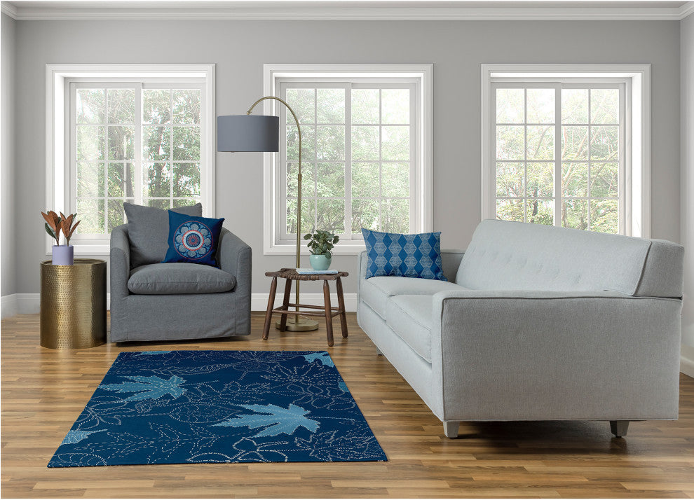 Dotted Leaves Fall Design Chenille Area Rug, Blue, 4'x6'