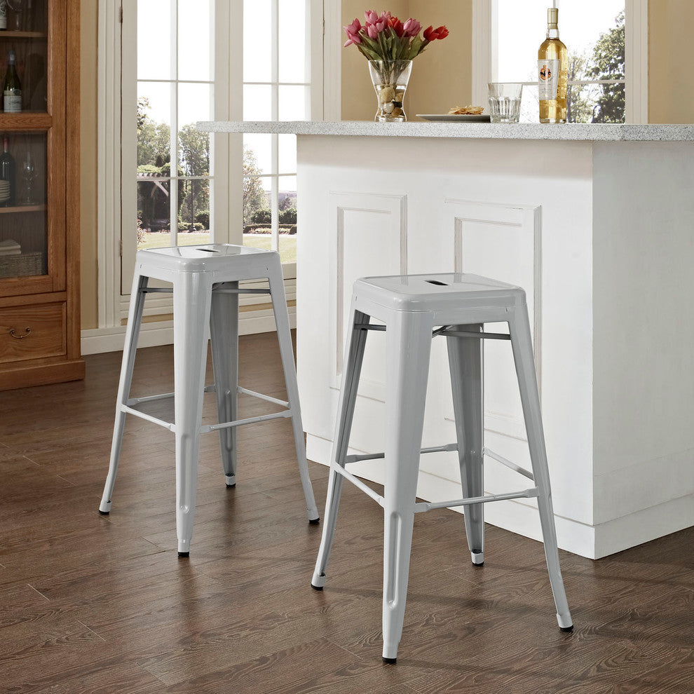 Modern Contemporary Dining Kitchen Metal Bar Stools, Gray, Set of 2