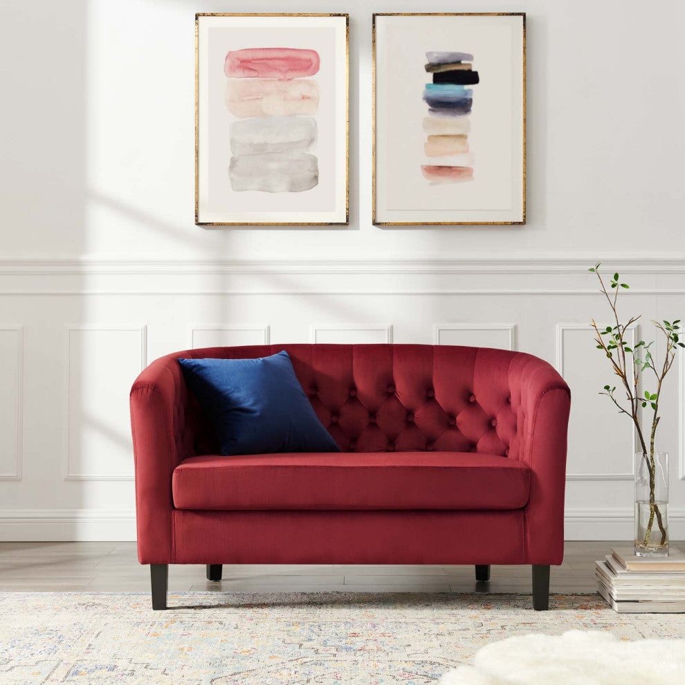 Loveseat Sofa, Velvet, Red, Modern, Living Lounge Room Hotel Lobby Hospitality
