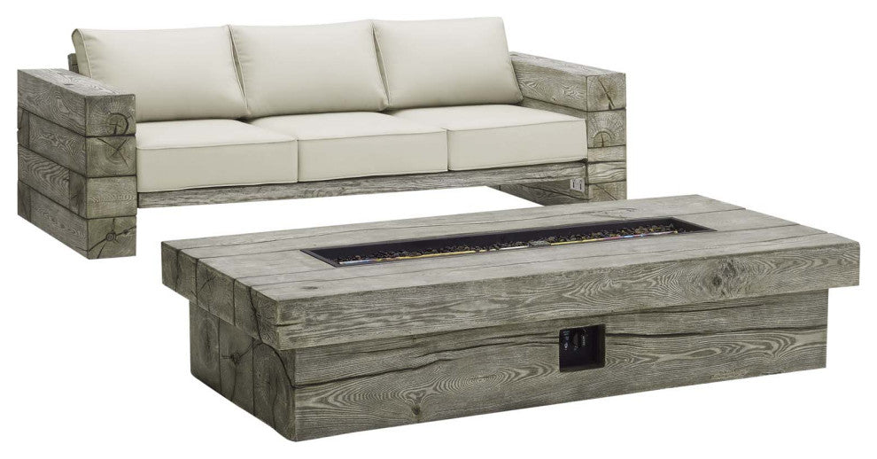 Lounge Sofa Table Set, Sunbrella, Simulated Wood, Gray Beige, Outdoor
