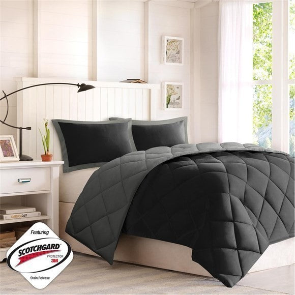 Madison Park Microfiber Solid Comforter Mini Set, Black/Gray, Twin/Twin Xl