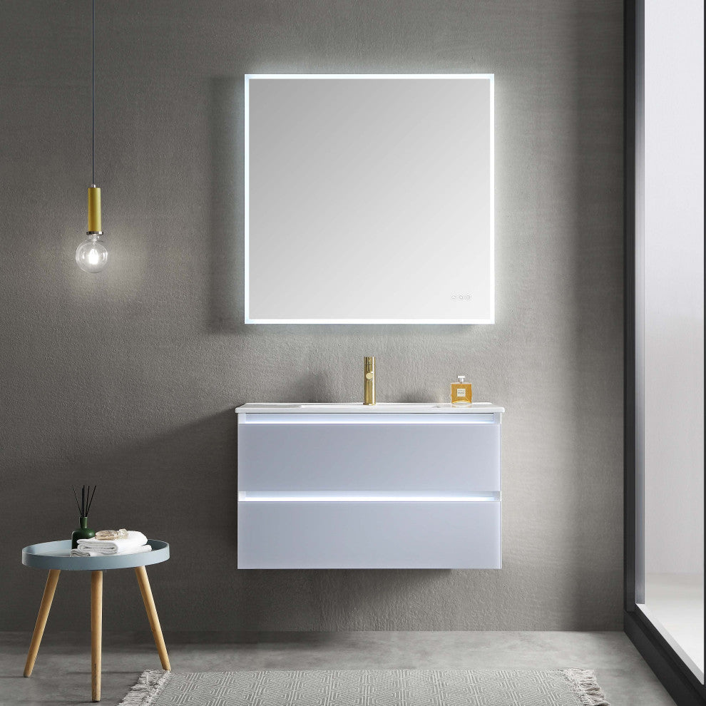 LED Lighted Bathroom Vanity With Ceramic Sink and Dimmed Light, Light Gray, 36"
