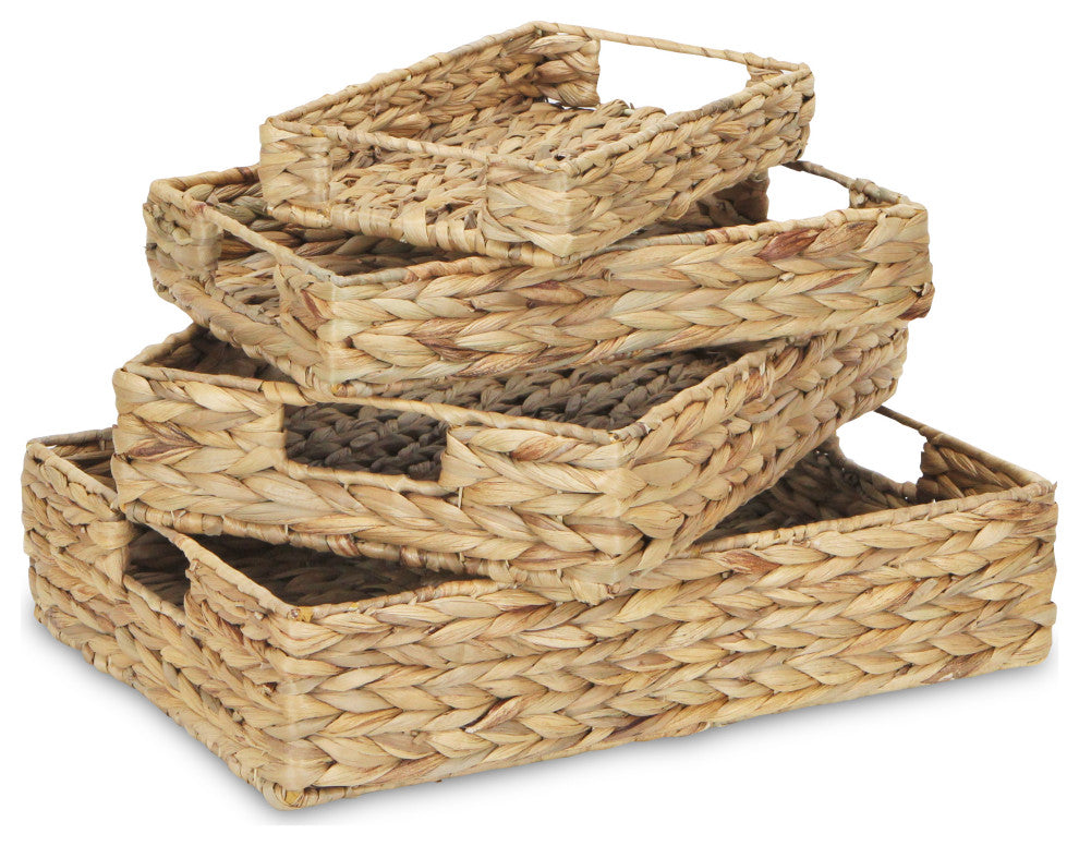 4-Piece Water Hyacinth Rectangular Tray With Metal Frame