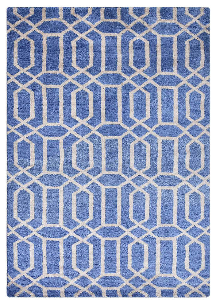 Hand Knotted Wool Area Rug Geometric Blue Beige