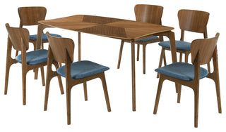 Kalia 7-Piece Wood Dining Set, Walnut Finish With Blue Fabric