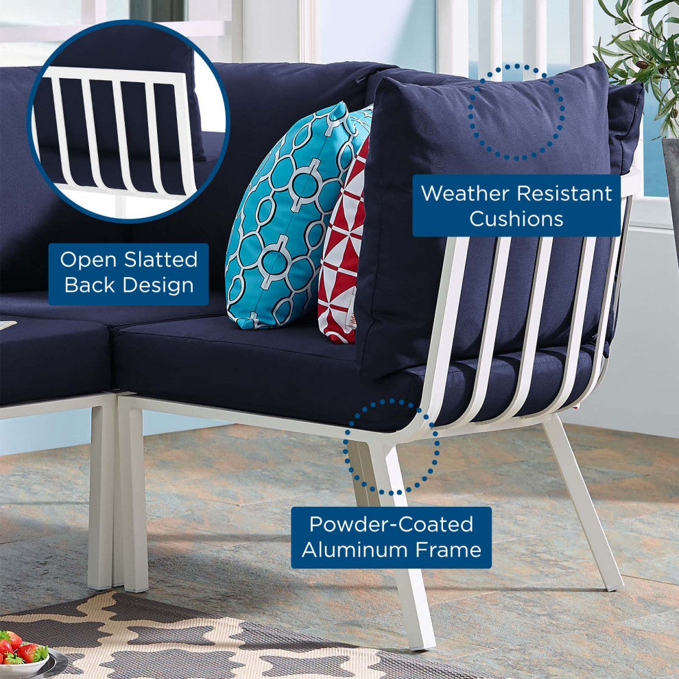 Lounge Chair, Aluminum, Metal, White Blue Navy, Modern, Outdoor Patio Bistro