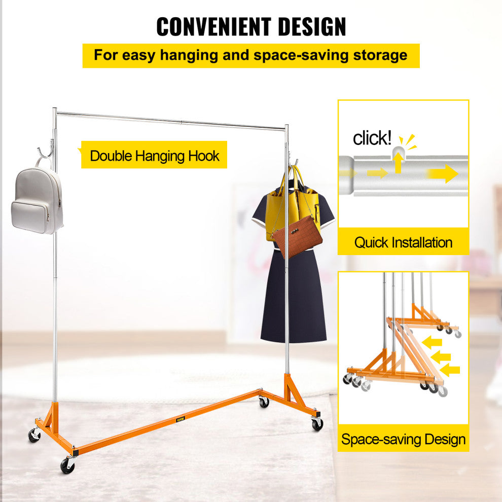 Z Rack Adjustable Height Rolling Garment Rack, Orange, 23.62x64.96x70.87 in