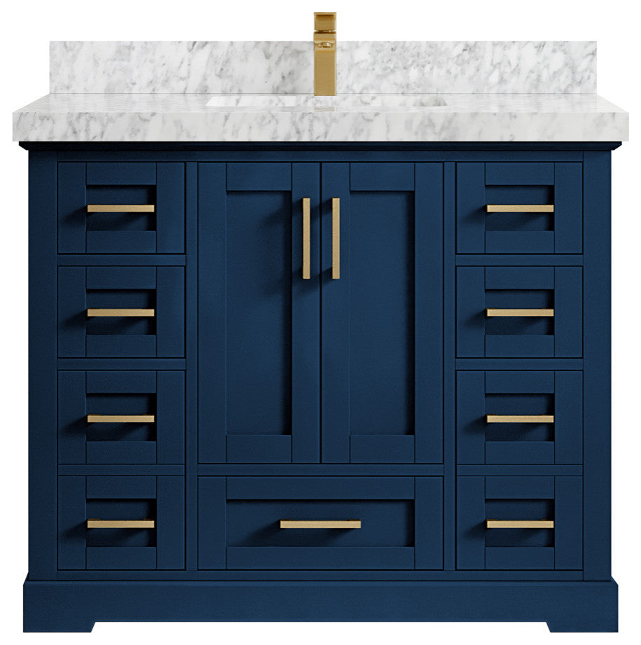 Boston 42 Single Sink Bath Vanity in Navy Blue 2" Carrara Marble