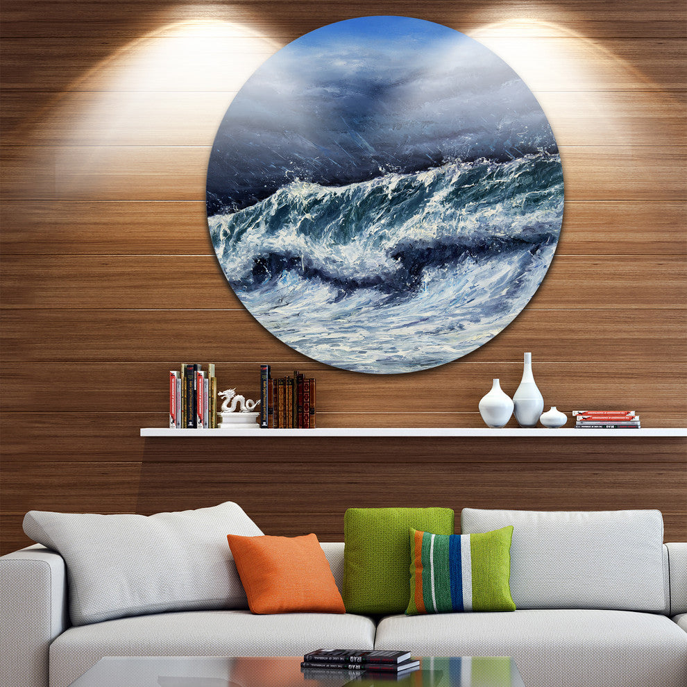 Storm In Ocean, Seascape Photography Disc Metal Artwork, 23"