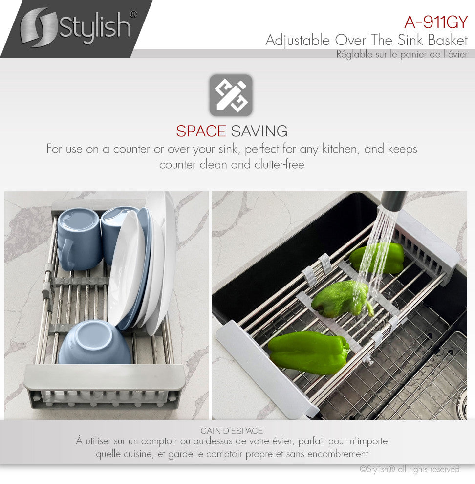 Stylish Adjustable Over the Sink Stainless Steel Dish or Vegetable Drainer