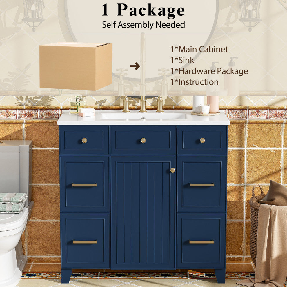 36 Inch Freestanding Bathroom Vanity with Ceramic Sink, Blue