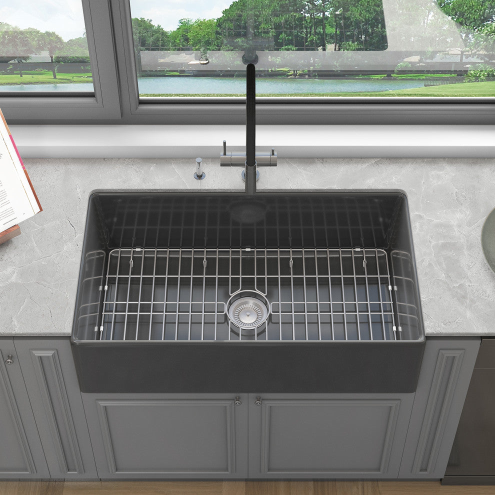 Sinber Farmhouse Apron Single Bowl Kitchen Sink with Fireclay 2 Accessories, Black, 36" X 20"