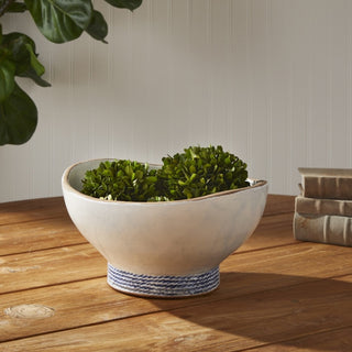 Coastal Blue White Rope Stripe Decorative Bowl Grecian Rustic Clay Ceramic