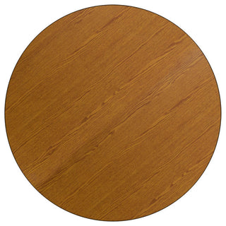 60'' Round Oak Thermal Laminate Activity Table - Height Adjustable Short Legs